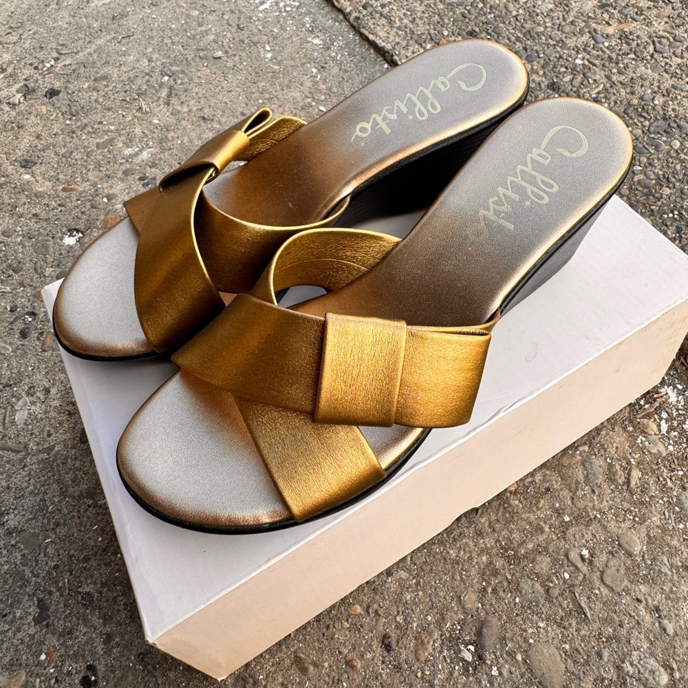 CALLISTO Freeport Bronze Platform Wedge Heel Criss Cross Wide Straps Sandals